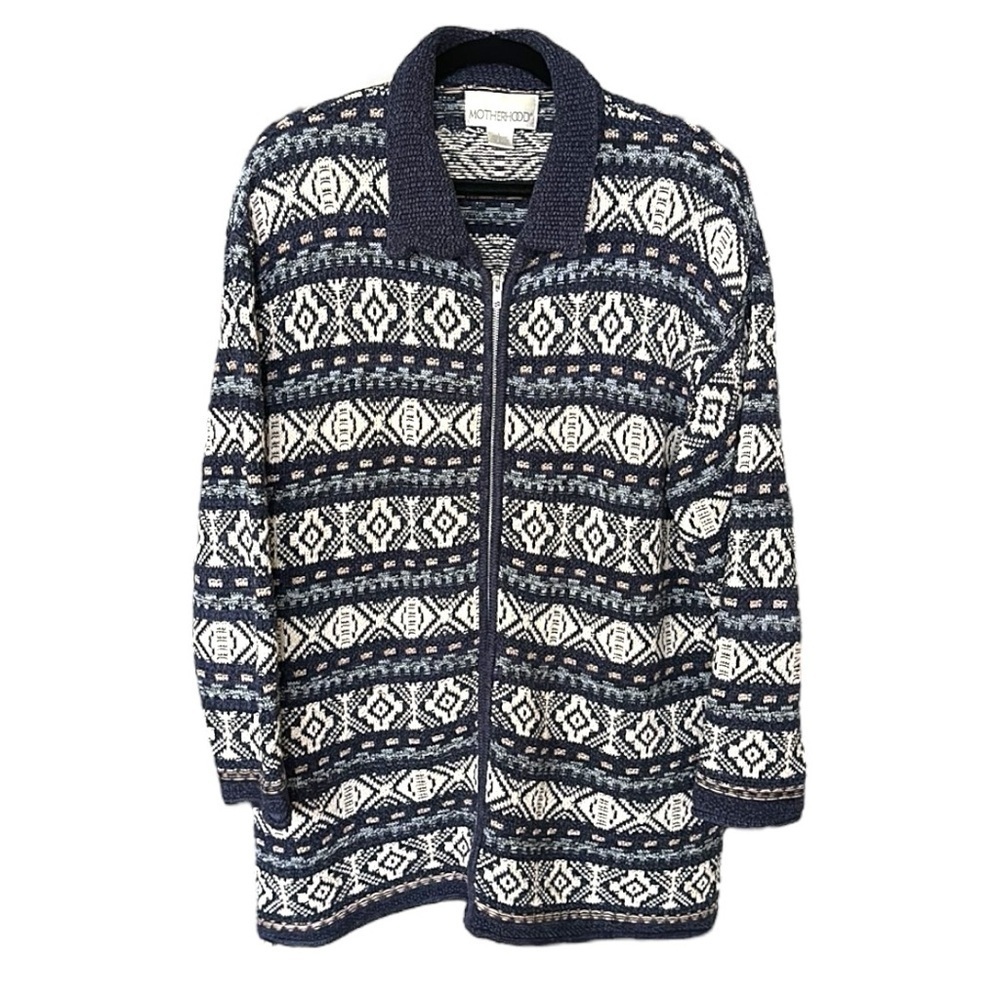 MOTHERHOOD Tribal Style Knit Cardigan Sweater Zip Up Blue Beige Size Large
